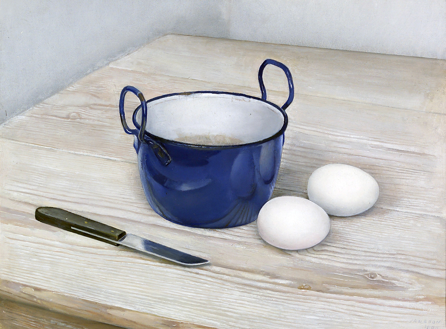 Jan Boon - Naturaleza muerta con huevos, cuchillo y cacerola de esmalte azul - 1944
